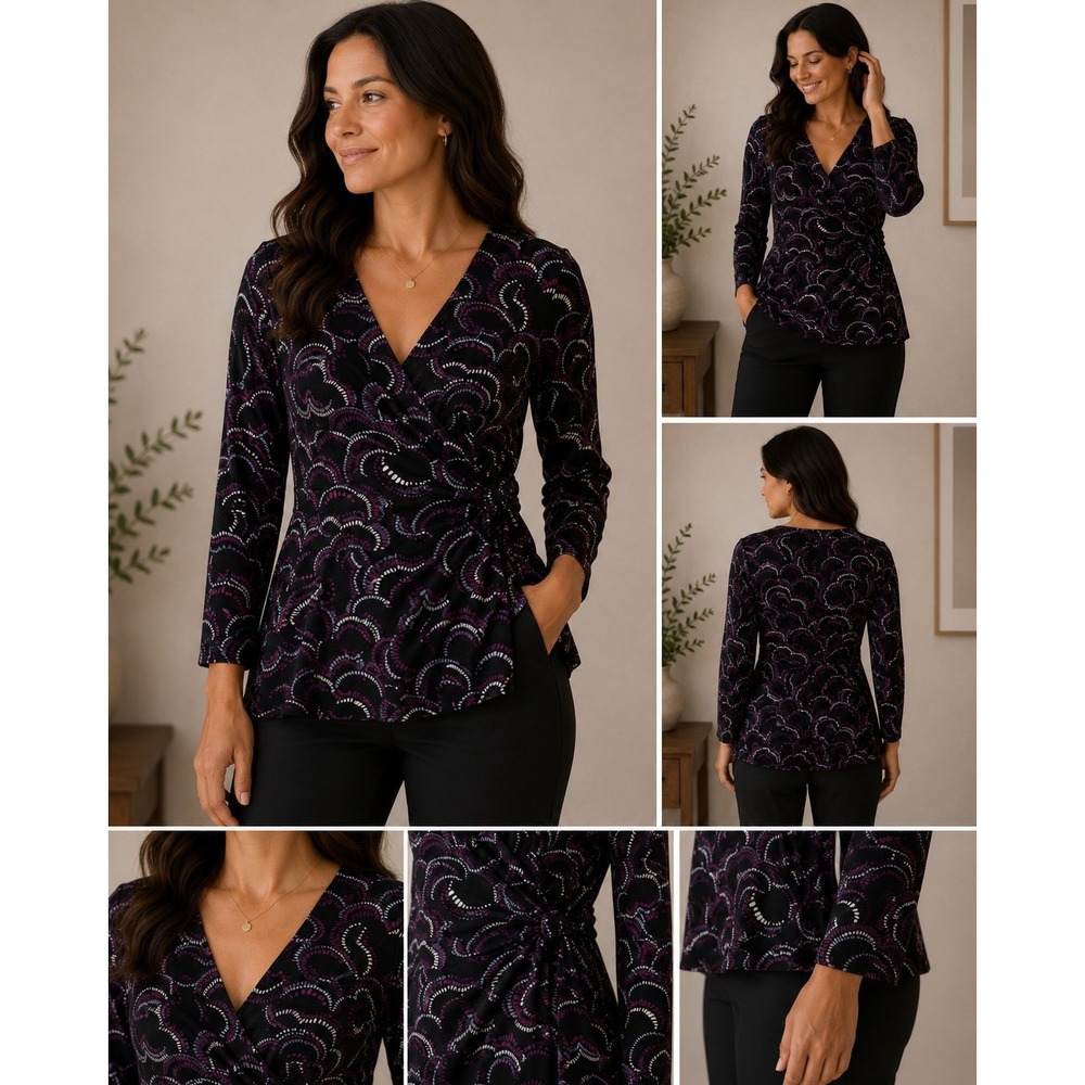 Chicos Faux Wrap Top Size 0‎ Black Purple Abstract Swirl V-Neck